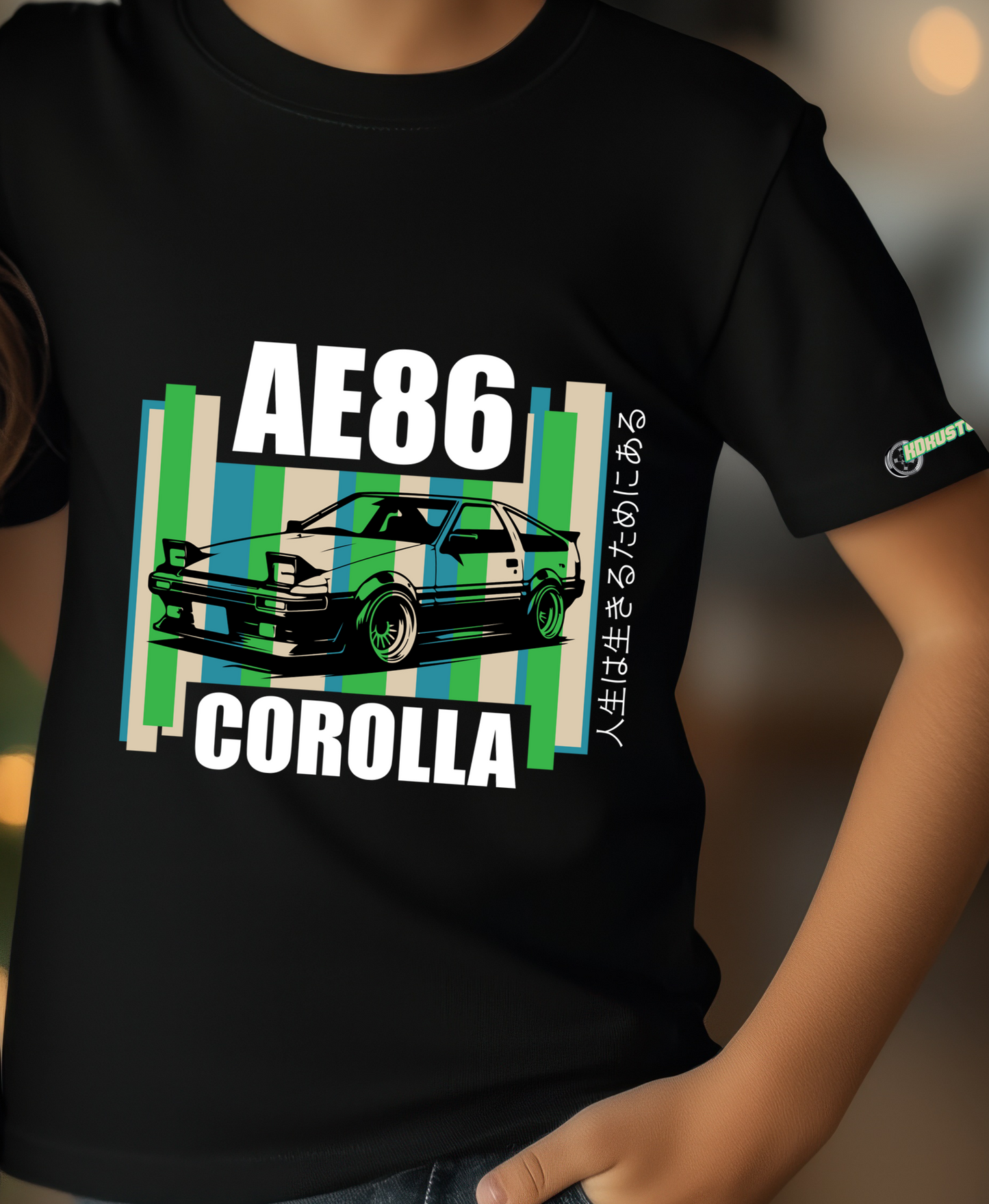 Junior Premium Black Tee | AE86 - GREEN/BLUE