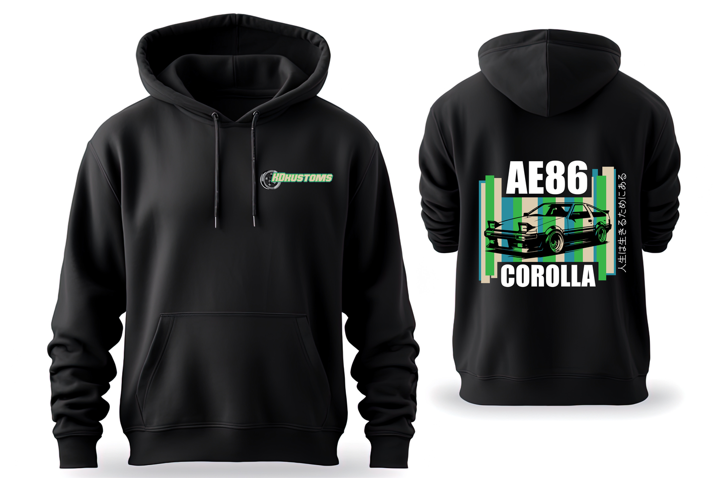 Adults Black Hoodie | AE86 - GREEN/BLUE